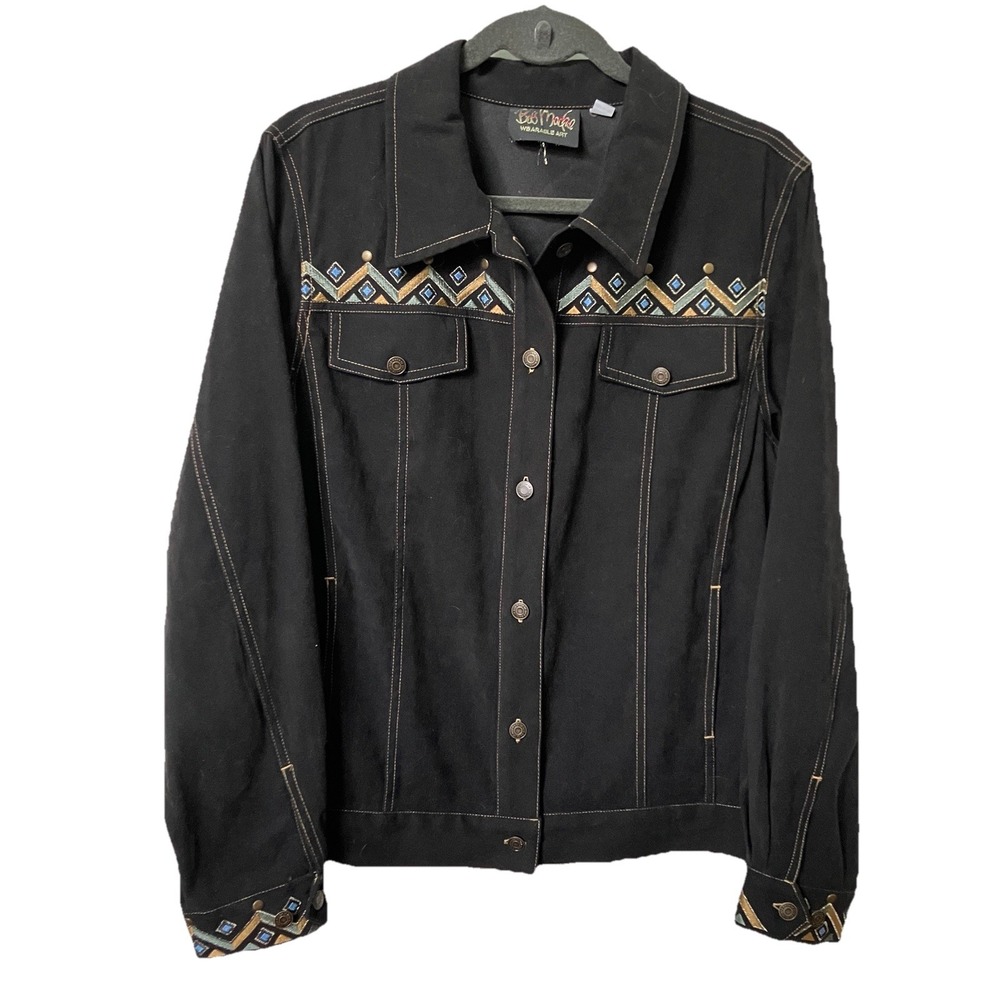 Bob Mackie Wearable Art Black Embroidered Geometric Studded Jacket Womens Large